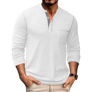 Coofandy Men White Henley Long Sleeve Pullover Button T-Shirt  with Pocket